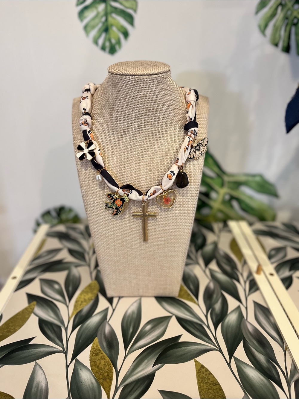 Handcrafted Black and White Charm Necklace with Cross Pendant